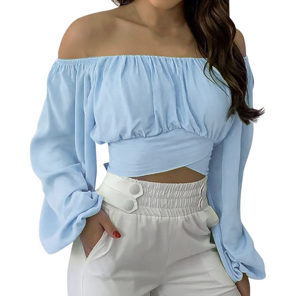 Womens Off Shoulder Crop Top Blouse Balloon Sleeves Tieback Light Blue Small